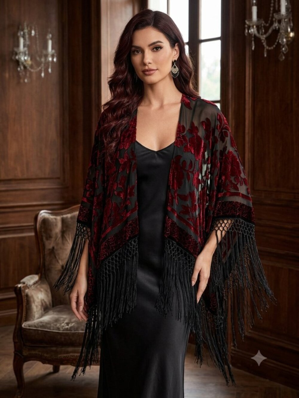 Silk Gothic Romantic Burgundy Red Velvet Floral Sheer Shawl Wrap Macrame Fringe